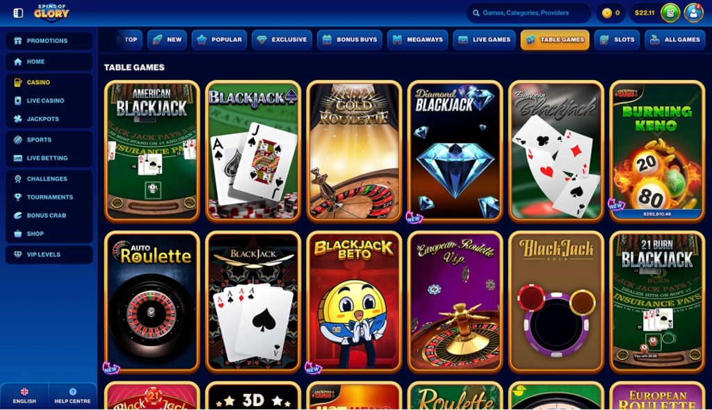 Table games selection at Spins of Glory featuring American Blackjack, Roulette, and more...