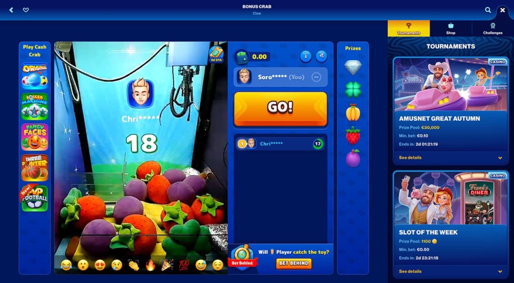 Bonus Crab arcade-style game on Spins of Glory with interactive claw machine gameplay and tournament participation options