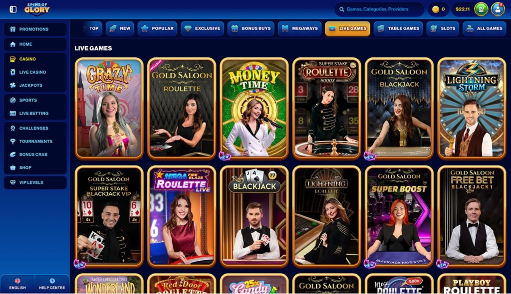Live casino games available on Spins of Glory featuring live dealers