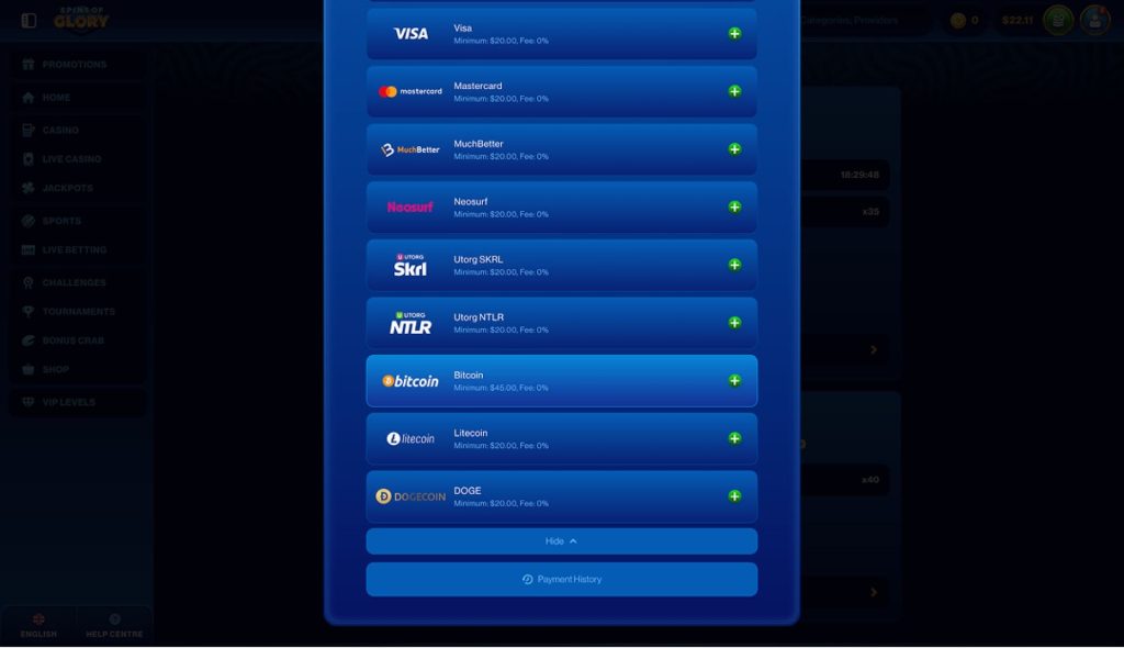 Some of the payment methods on Spins of Glory including Visa, Mastercard, Skrill, Bitcoin, and more...