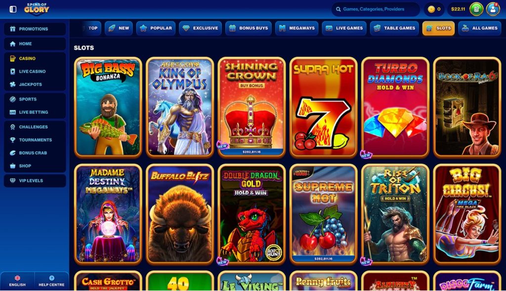 Collection of popular slot games on Spins of Glory