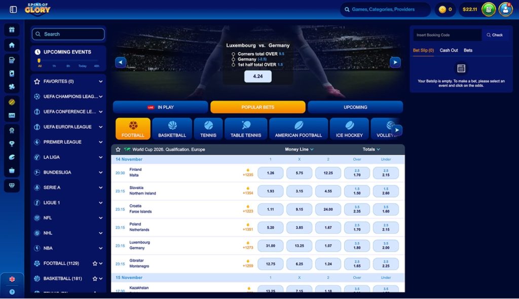 Tournament and live sport betting section on Spins of Glory