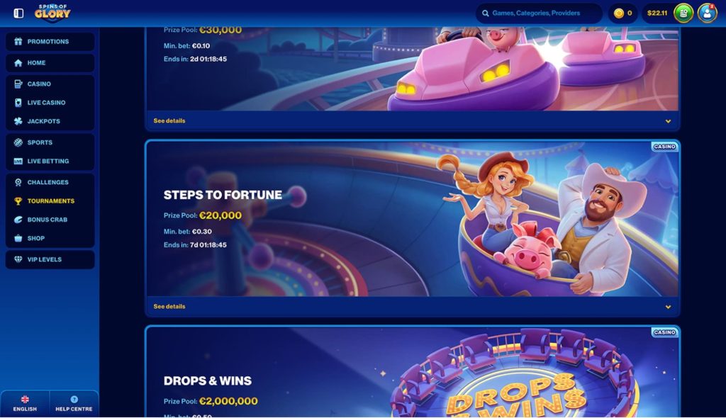 Tournament and live sport betting section on Spins of Glory