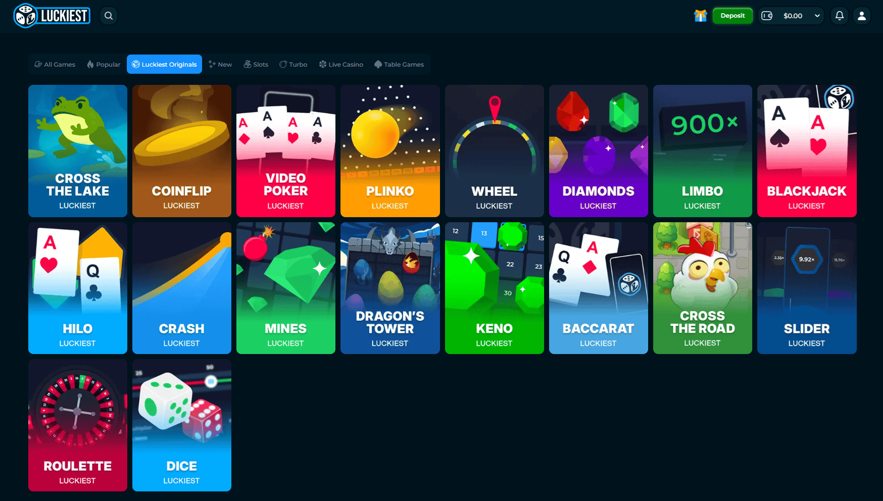 Luckiest casino original games lobby screenshot