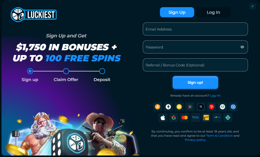 Luckiest crypto casino registration page screenshot