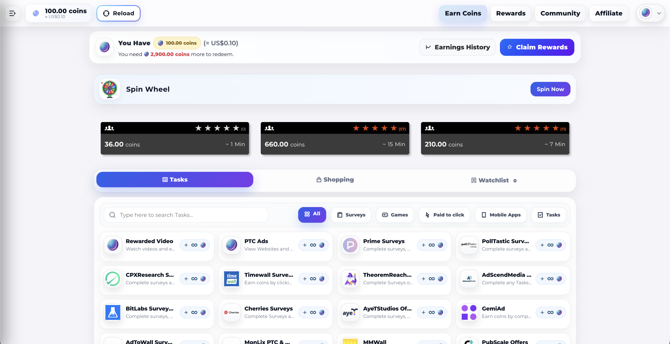 ViewCoins Dashboard and Offerwall Interface