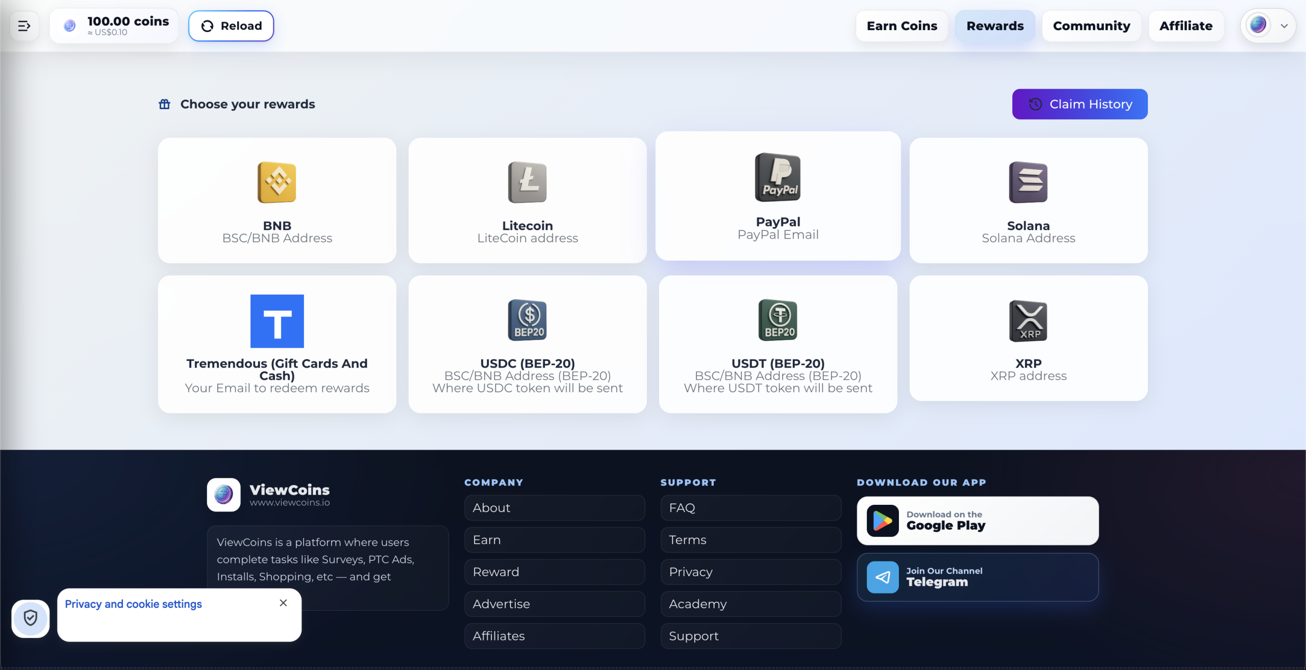 Choose your rewards page