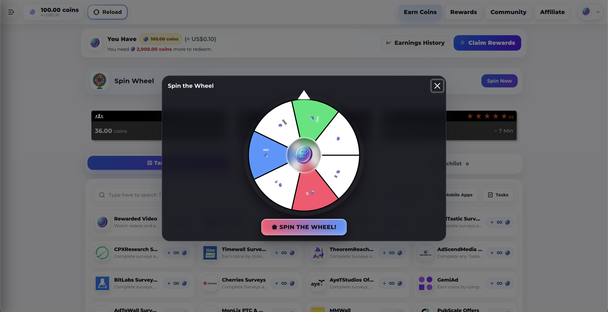 Spin Wheel popup dialog