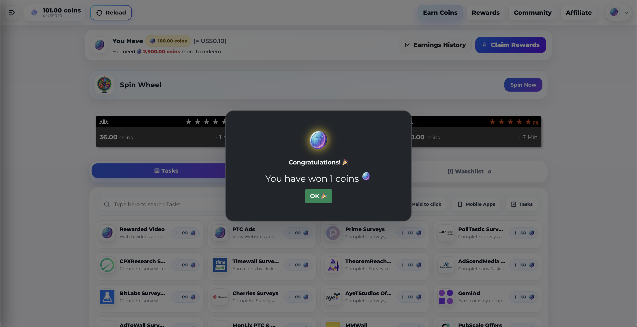 Spin Wheel win popup