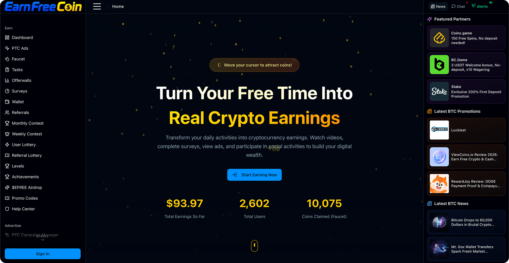 EarnFreeCoin Homepage and Micro-Earning Dashboard