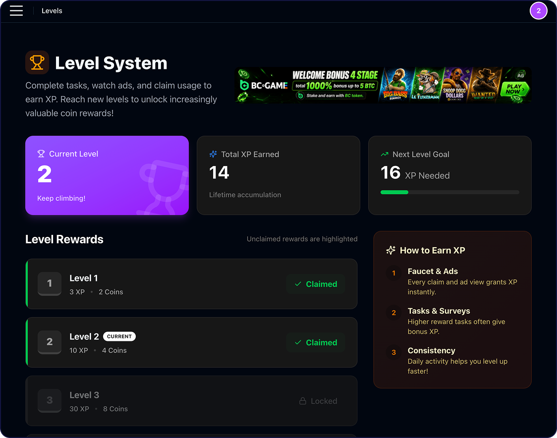 Levels Progression and Trophy Rewards Table