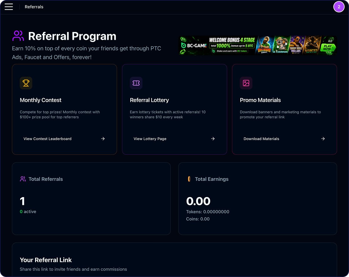 Referral Program commissions dashboard