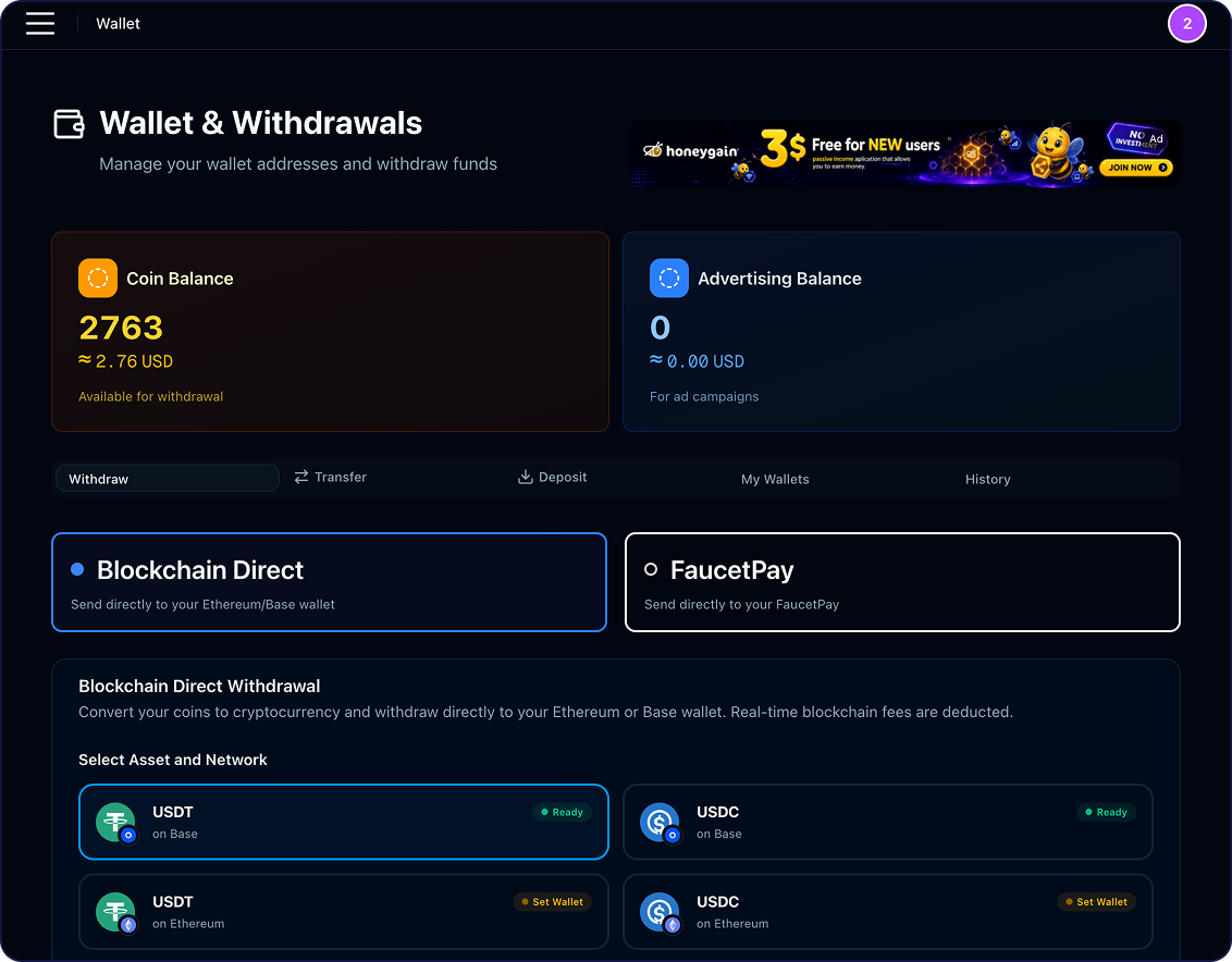 Wallet Payout Selection and Withdrawals Board
