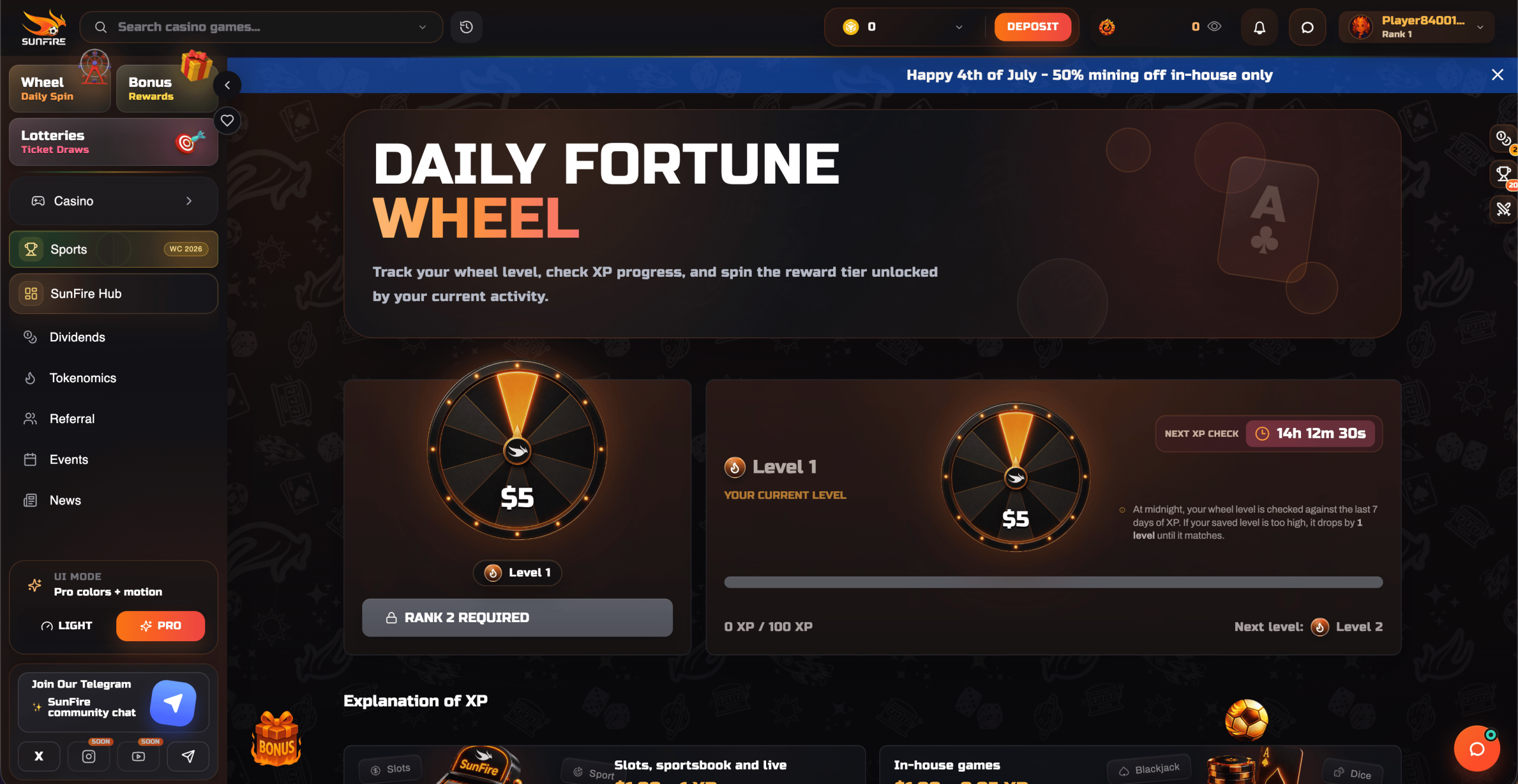 Sunfire Daily Fortune Wheel XP Level Sunfire Daily Fortune Wheel XP Level