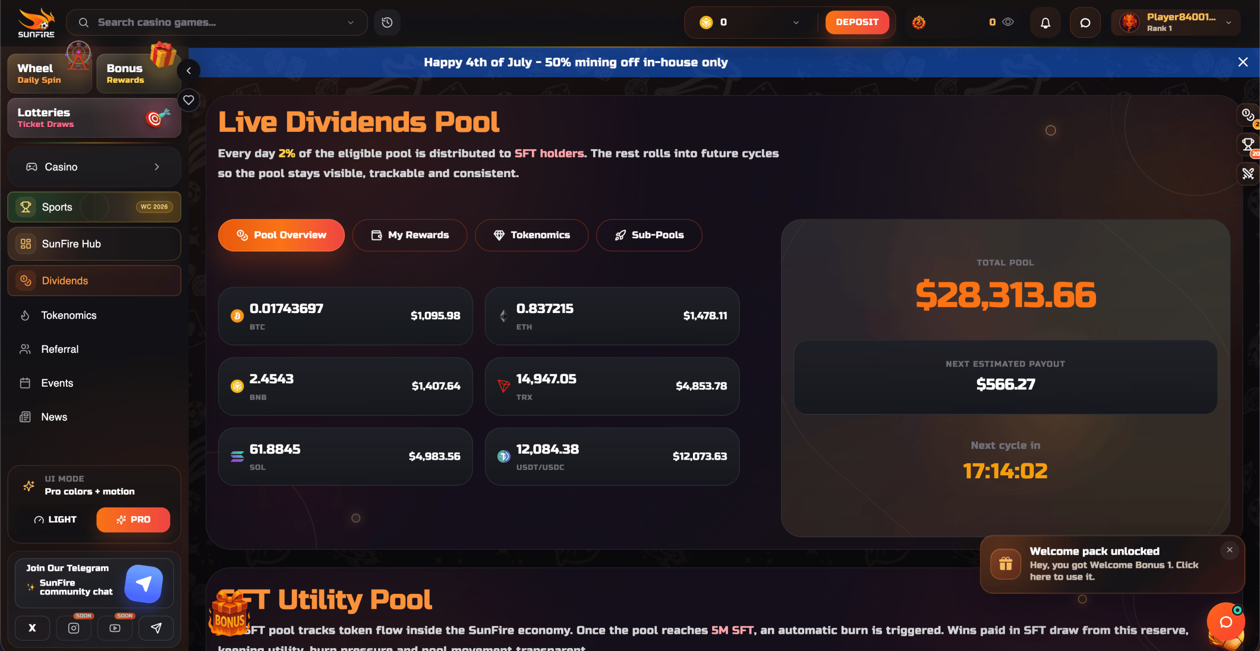 Sunfire Live Dividends Pool status Sunfire Live Dividends Pool status