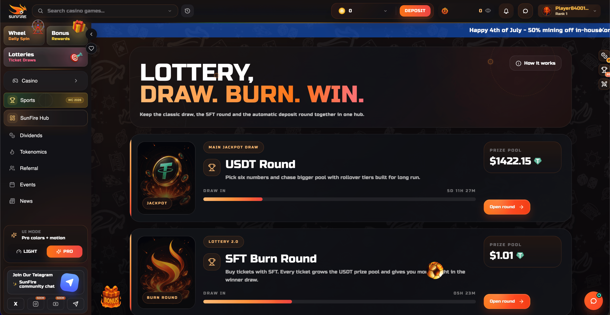 Sunfire USDT Jackpot and SFT Burn Lottery Sunfire USDT Jackpot and SFT Burn Lottery